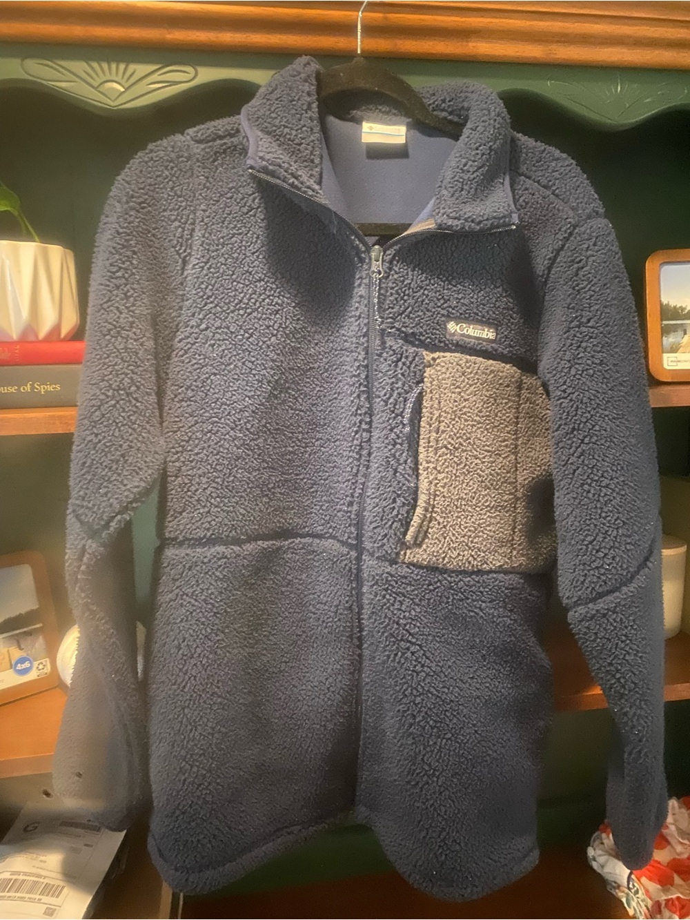 Columbia Navy Sherpa Fleece Jacket with Gray Chest Pocket Accent
